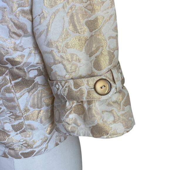 VINTAGE CACHE Cropped Jacket Womens Sz 4 Gold Jacquard Floral Print Flounce - Picture 4 of 8